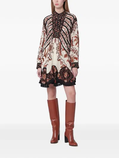 Farm Rio Majestic Garden Long Sleeve Lace Insets Trapeze Dress In Multi