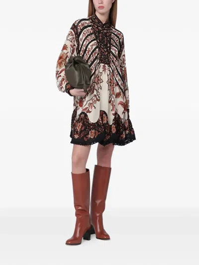 Farm Rio Majestic Garden Long Sleeve Lace Insets Trapeze Dress In Multi