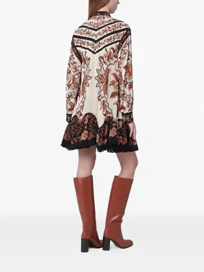 Farm Rio Majestic Garden Long Sleeve Lace Insets Trapeze Dress In Multi