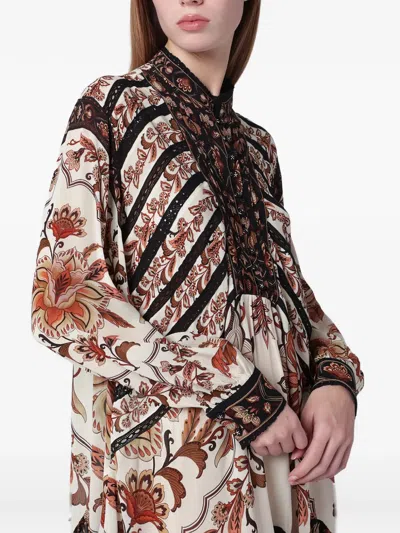 Farm Rio Majestic Garden Long Sleeve Lace Insets Trapeze Dress In Multi