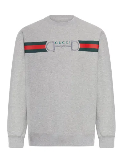 Gucci Men Grey Crewneck Sweatshirt With Logo Detail On The Front In Cotton Man In Gray