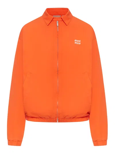 Miu Miu Cotton Poplin Bomber Jacket With Logo In Orange