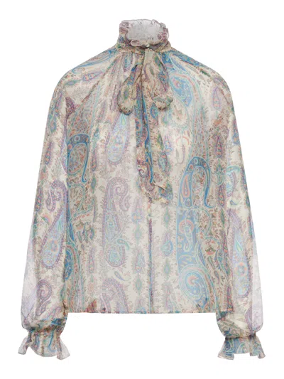 Etro Women Silk Crepon Blouse With Scarf And Paisley Foliage Motif In Multi