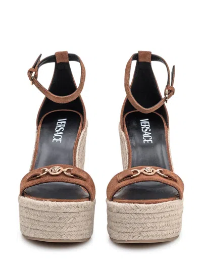 Versace Leather Espadrille Wedges 120 In Brown