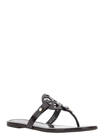 Tory Burch Miller Logo Patent Leather Flip Flops In Black
