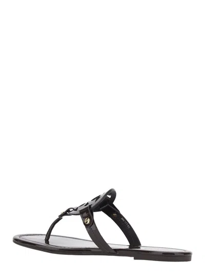 Tory Burch Miller Logo Patent Leather Flip Flops In Black