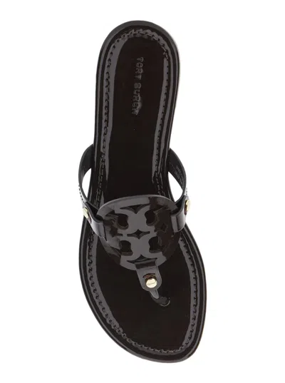 Tory Burch Miller Logo Patent Leather Flip Flops In Black
