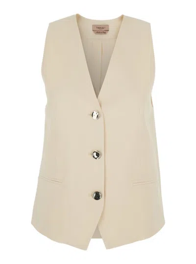 Twinset Beige Vest With V Neck And Front Button Closure In Fabric Woman In Neutral