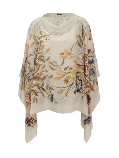 Etro Floral Pattern Poncho In White