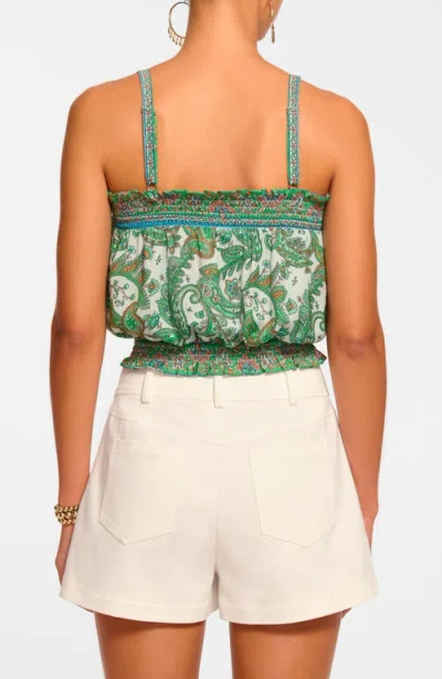Ramy Brook Miley Smocked Sleeveless Crop Top In Palm Patchwork In Multi