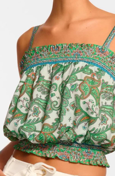 Ramy Brook Miley Smocked Sleeveless Crop Top In Palm Patchwork In Multi