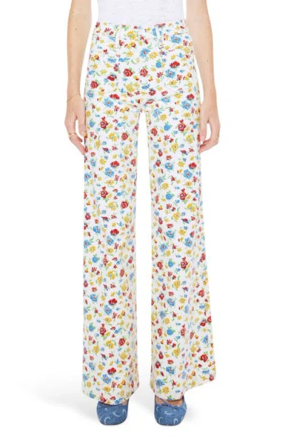 Mother Hustler Roller Patch Pocket Floral-print High-rise Bootcut Jeans In White