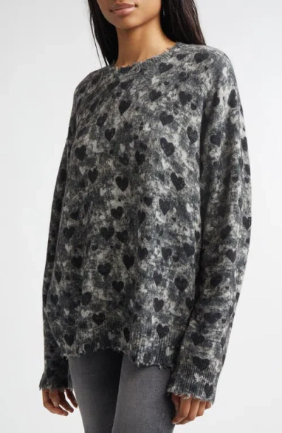 R13 Distressed Heart Print Cashmere Sweater In Gray