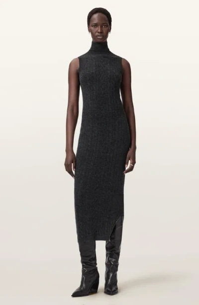 Allsaints Womens Charcoal Grey Sabine High-neck Stretch-knit Midi Dress In Gray