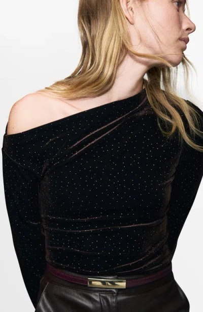Mango Asymmetric Off The Shoulder Velvet Top In Brown
