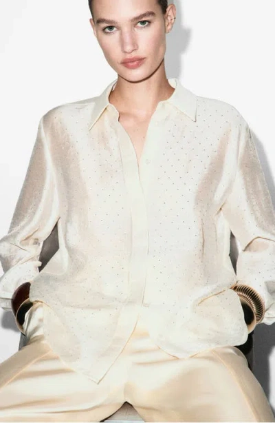 Mango Rhinestone Satin Button-up Shirt In Neutral