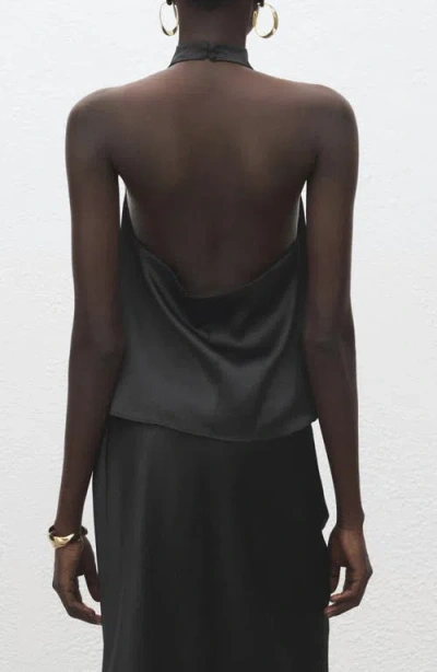 Mango Drape Halter Neck Satin Top In Black