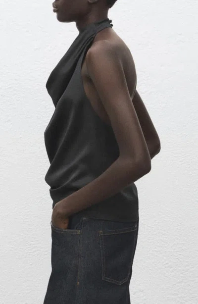 Mango Drape Halter Neck Satin Top In Black