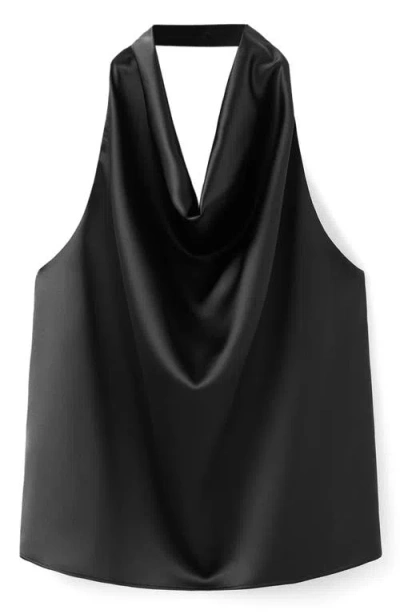 Mango Drape Halter Neck Satin Top In Black