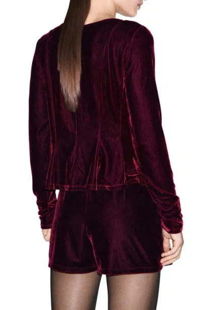 Mango Bow Front Velvet Top In Burgundy