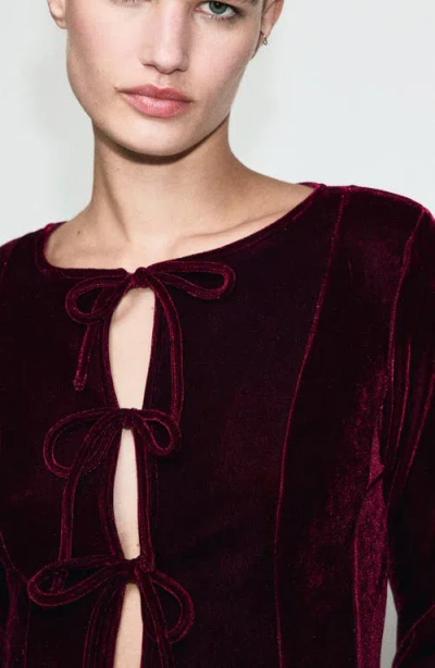 Mango Bow Front Velvet Top In Burgundy