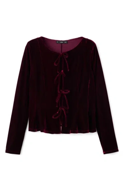 Mango Bow Front Velvet Top In Burgundy