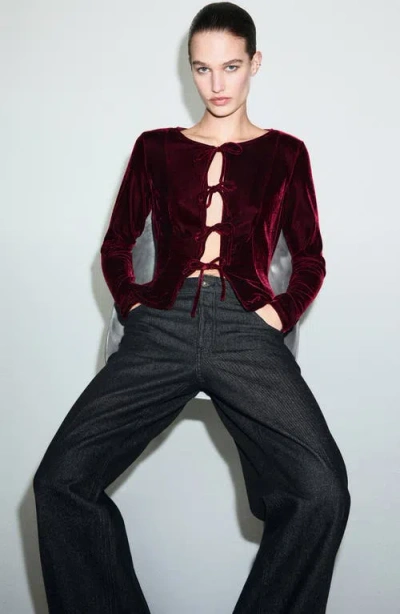 Mango Bow Front Velvet Top In Burgundy