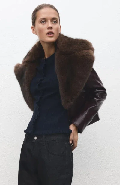 Mango Ruffle Trim Rib Cardigan In Blue