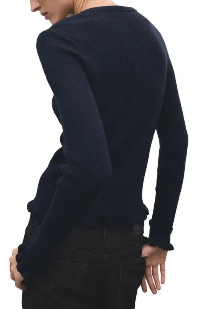 Mango Ruffle Trim Rib Cardigan In Blue