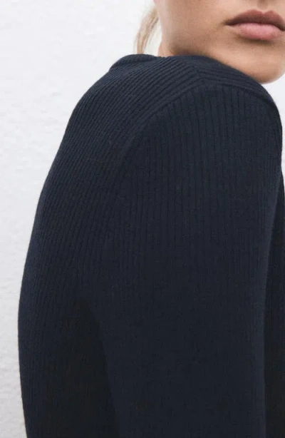 Mango Ruffle Trim Rib Cardigan In Blue