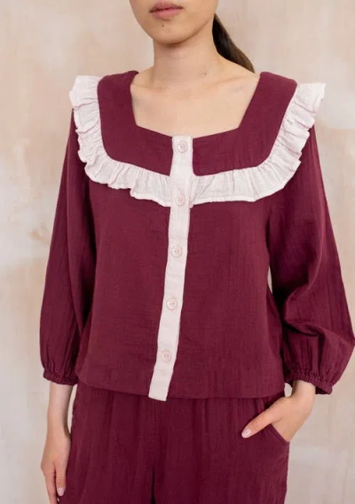 Tbco Cotton Cropped Leg Ruffle Pajamas In Burgundy