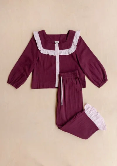Tbco Cotton Cropped Leg Ruffle Pajamas In Burgundy