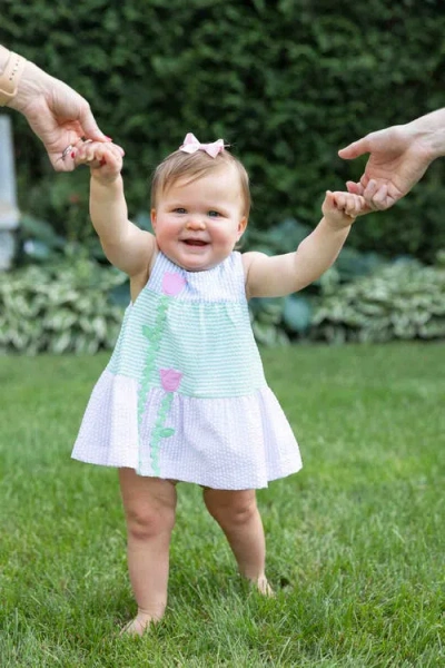 Florence Eiseman Seersucker Romper With Tulips In Multi