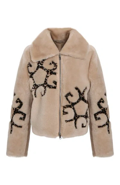 Gorski Genuine Shearling Jacket With  Insignia Intarsia, Reversible In Neutral