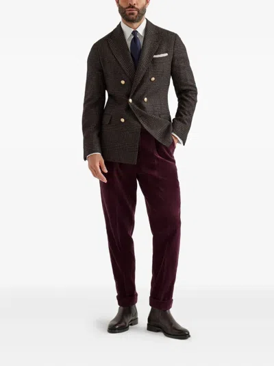 Brunello Cucinelli Prince Of Wales One-and-a-half Breasted Blazer With Metal Buttons In Brown