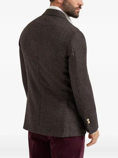 Brunello Cucinelli Prince Of Wales One-and-a-half Breasted Blazer With Metal Buttons In Brown