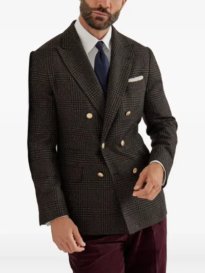 Brunello Cucinelli Prince Of Wales One-and-a-half Breasted Blazer With Metal Buttons In Brown