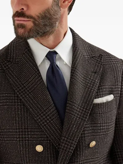 Brunello Cucinelli Prince Of Wales One-and-a-half Breasted Blazer With Metal Buttons In Brown