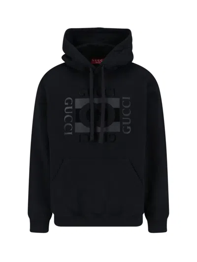 Gucci Men Black Sweatshirt With Hood With Drawstring And Front Logo In Cotton Man In Black