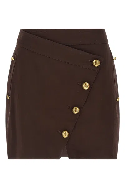 Elisabetta Franchi Asymmetrical Jewel-button Mini Skirt In Brown