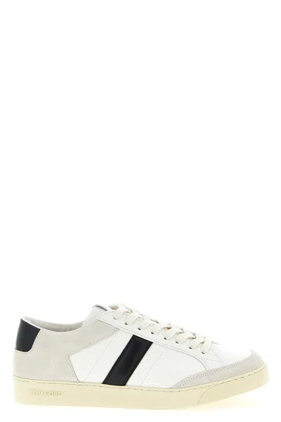 Tom Ford Panelled Suede And Grained Leather Sneakers In White