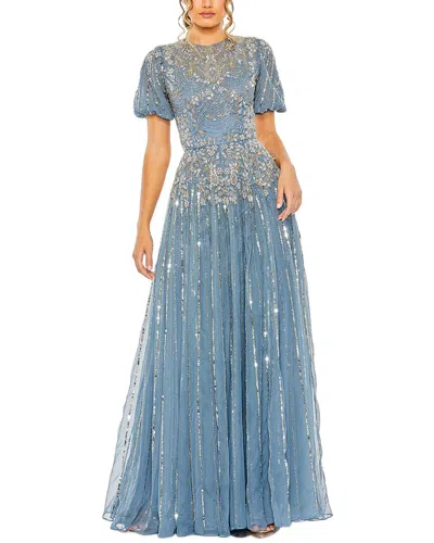 Mac Duggal High Neck Puff Sleeve Embellished A Line Gown In Blue