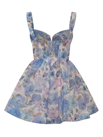 Zimmermann Short Dress With Floral Print And Draped Bodice In Blue