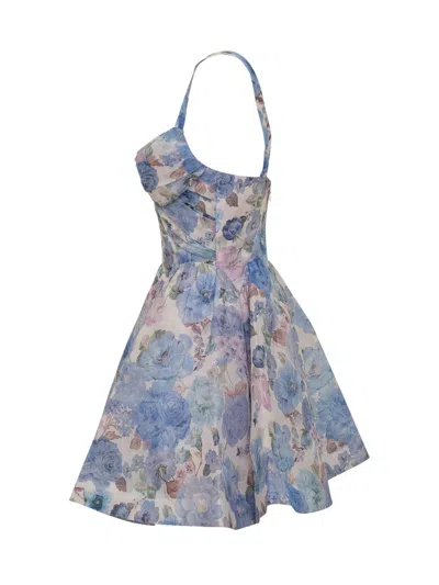 Zimmermann Short Dress With Floral Print And Draped Bodice In Blue