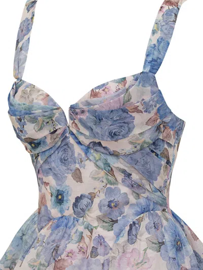 Zimmermann Short Dress With Floral Print And Draped Bodice In Blue