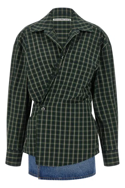 Alexander Wang Long Sleeve Check & Denim Wrap Dress In Green
