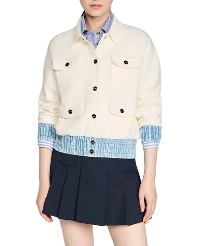 Sandro Womens Ecru Denim-hem Button-down Knitted Cardigan In White
