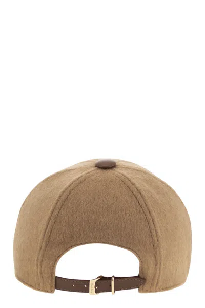 Max Mara Camel Brown Camel Wool Fedora Logo Baseball Hat In Multi