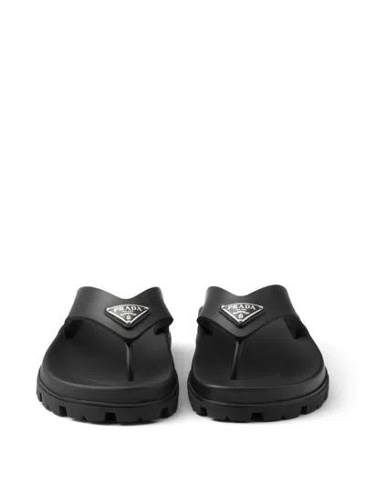 Prada Embellished Strap Rubber Thong Sandals In Black