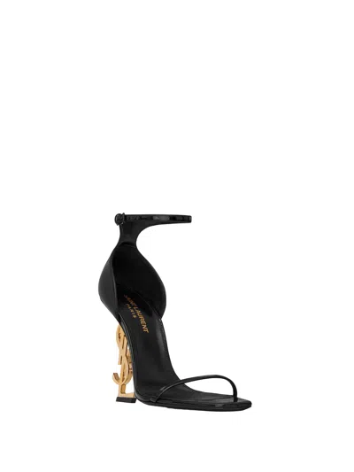 Saint Laurent Opyum Patent Leather Sandals With Structured Heel Featuring Metal Ysl Initials And Adj In Black